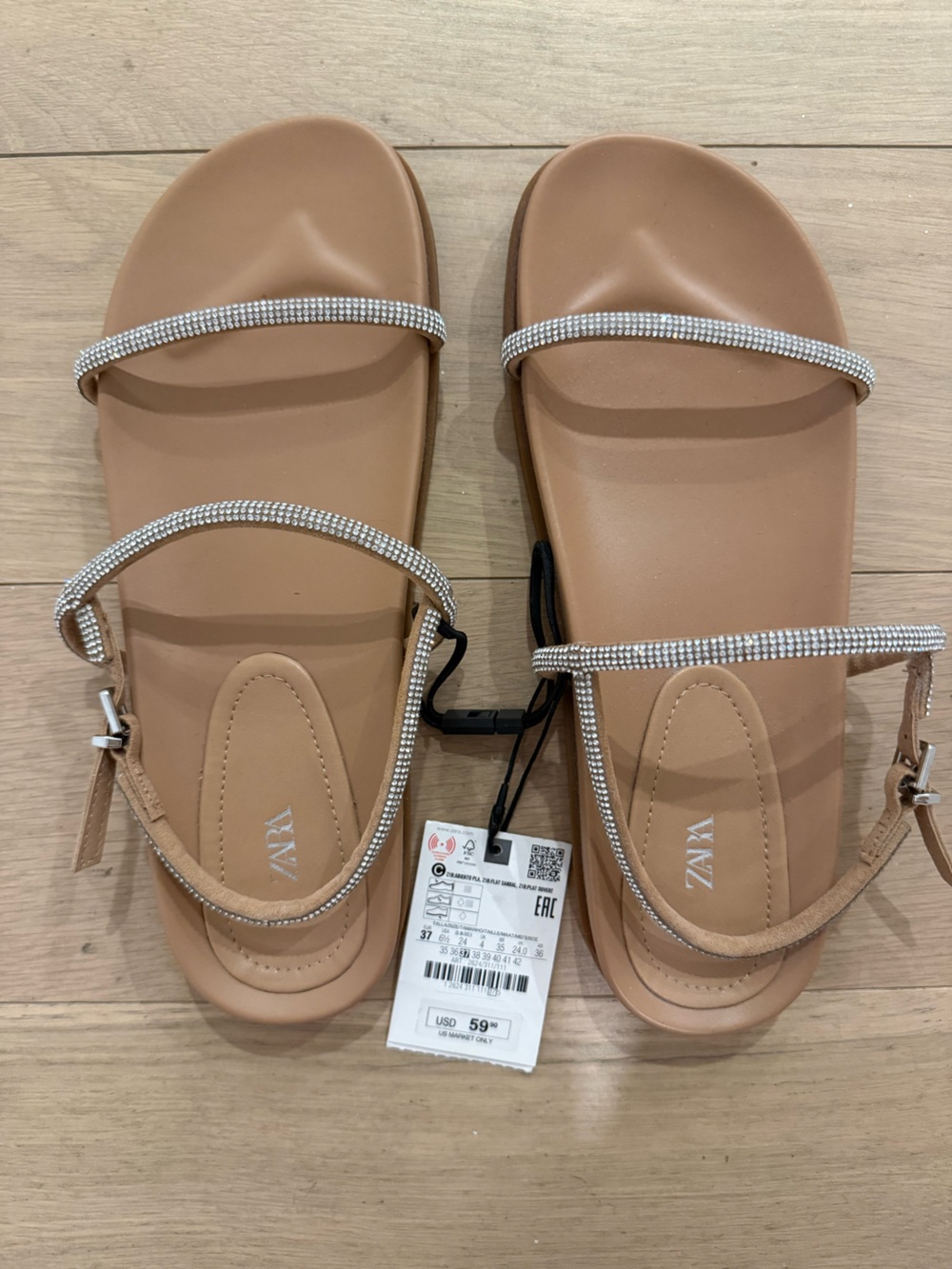 ZARA Tan Rhinestone-Strap Molded Footbed Sandals